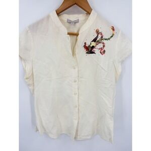 Bogari Ivory Embroidered Peacock Sz M Linen Blend Shirt Ring Collar Boho Button
